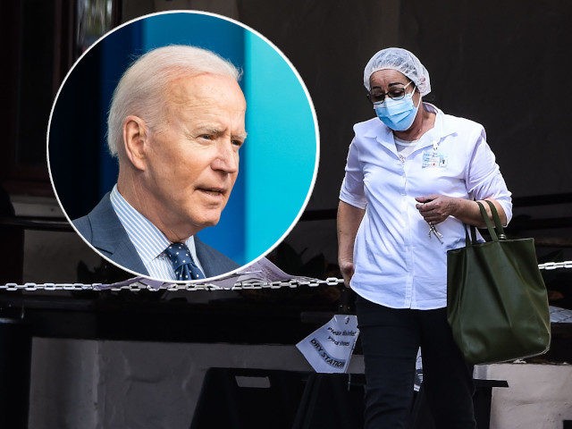 (INSET: Joe Biden) A medical staff walks out of Fair Havens Center nursing home facilities in Miami Springs, on May 11, 2020. - Fair Havens Center reported 128 positive cases of COVID-19 cases and dozens taken to hospital over the weekend. In an emergency order issued May 9, the state …