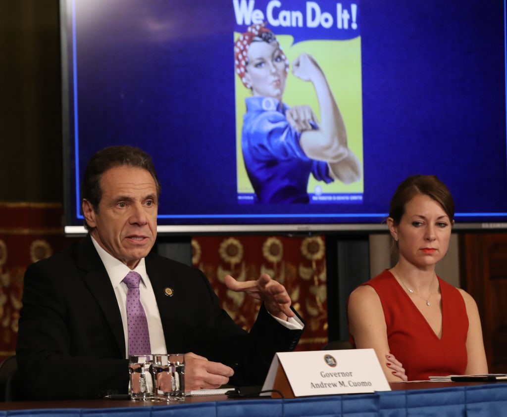NEW YORK, NEW YORK - MARCH 20: New York Governor Andrew Cuomo (L) speaks during his daily news conference with Secretary to the Governor Melissa DeRosa (R) on March 20, 2020 in New York City. Cuomo ordered nonessential businesses to keep 100% of their workforce at home in an effort to combat the spread of the COVID-19 pandemic. (Photo by Bennett Raglin/Getty Images)