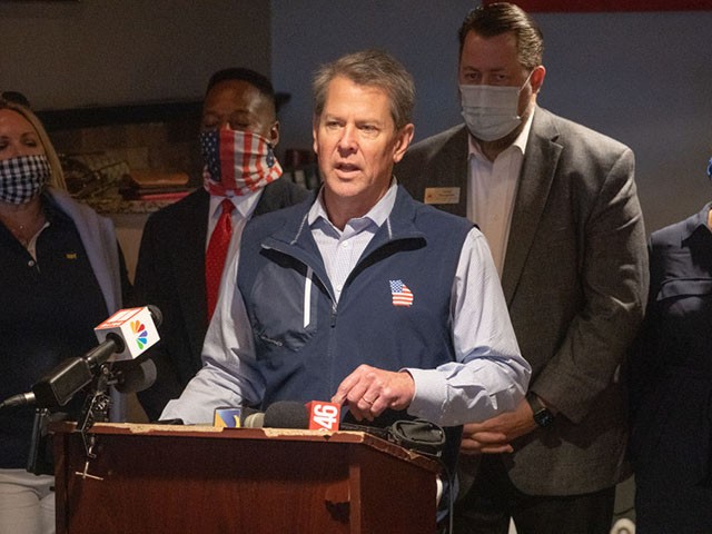 MARIETTA, GA - APRIL 10: Georgia Gov. Brian Kemp speaks at a news conference about the state's new Election Integrity Law that passed this week at AJ’s Famous Seafood and Poboys on April 10, 2021 in Marietta, Georgia. Major League Baseball announced it would move the All-Star Game out of Georgia in response to the election bill, which opponents claim will negatively affect the minority population's ability to vote. There is also a concern for the economic impact this will have on the state following the MLB's decision. The bill's passage follows the Governor's decision to lift many of the restrictions in place for protection from COVID-19. (Photo by Megan Varner/Getty Images)