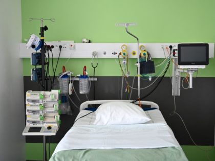 An empty bed is pictured at the Pasteur hospital intensive care unit in Colmar, eastern France, on April 22, 2021, where Covid-19 patients are being recieved. (Photo by SEBASTIEN BOZON / AFP) (Photo by SEBASTIEN BOZON/AFP via Getty Images)