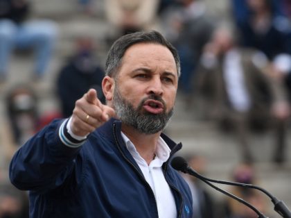 Leader of the far-right party Vox, Santiago Abascal gives a speech during a campaign meeti