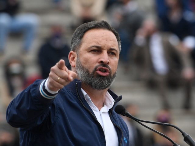 Leader of the far-right party Vox, Santiago Abascal gives a speech during a campaign meeting at the bullring in San Sebastian de los Reyes, near Madrid, on April 24, 2021 ahead of regional elections in Madrid. (Photo by OSCAR DEL POZO / AFP) (Photo by OSCAR DEL POZO/AFP via Getty …