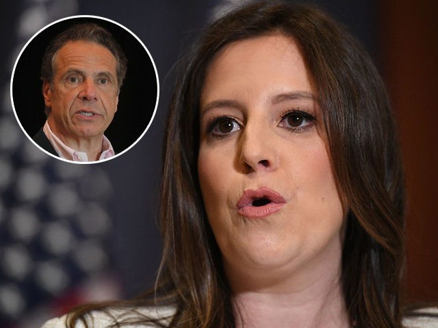 (INSET: New York Governor Andrew Cuomo) Representative Elise Stefanik (R-NY) speaks to reporters after House Republicans voted for her as their conference chairperson at the US Capitol in Washington, DC on May 14, 2021. (Photo by MANDEL NGAN / AFP) (Photo by MANDEL NGAN/AFP via Getty Images)