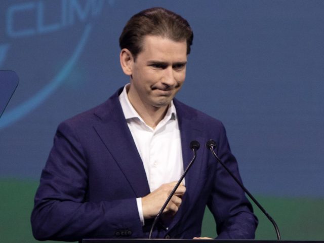 Austrian Chancellor Sebastian Kurz reacts on stage during the fifth "Austrian World Summit 2021" on current climate issues, at the Spanish Riding School in Vienna, on July 1, 2021. (Photo by ALEX HALADA / AFP) (Photo by ALEX HALADA/AFP via Getty Images)