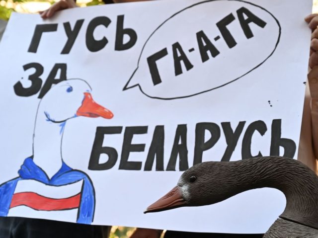 Members of Belarusian diaspora hold a placard as they take part in a rally called "Go