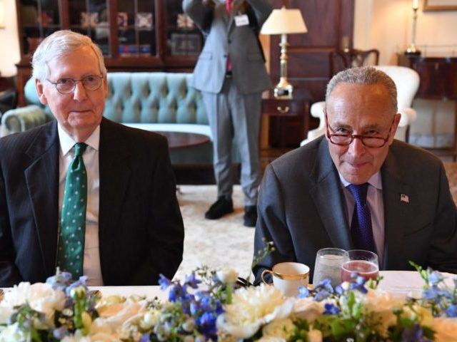 Senate Majority Leader Chuck Schumer (D-NY) and Senate Minority Leader Mitch McConnell (R-KY) meet Iraqi Prime Minister Mustafa al-Kadhemi(not shown) during a lunch at the US Capitol in Washington, DC, on July 28, 2021. (Photo by Nicholas Kamm / AFP) (Photo by NICHOLAS KAMM/AFP via Getty Images)