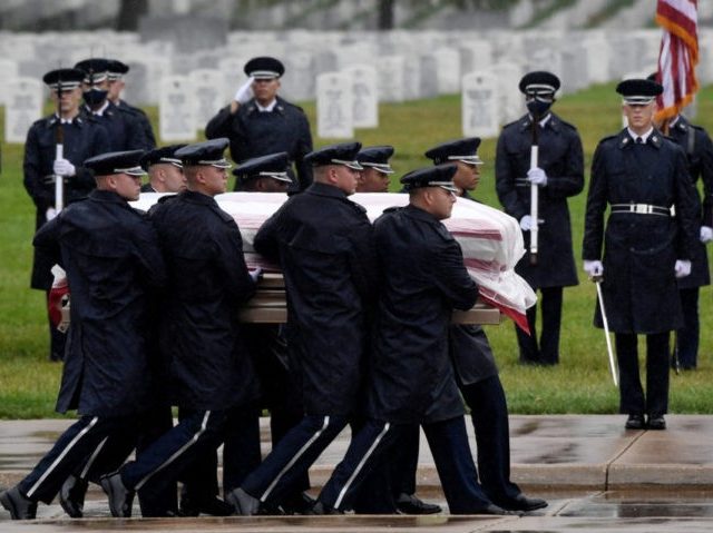 Members of the Old Guard carry the casket of a US soldier during a full military honors burial ceremony next to Section 60, the section of Arlington National Cemetery reserved for those killed during the wars in Iraq and Afghanistan, on August 16, 2021 in Arlington, Virginia. - Allies and …