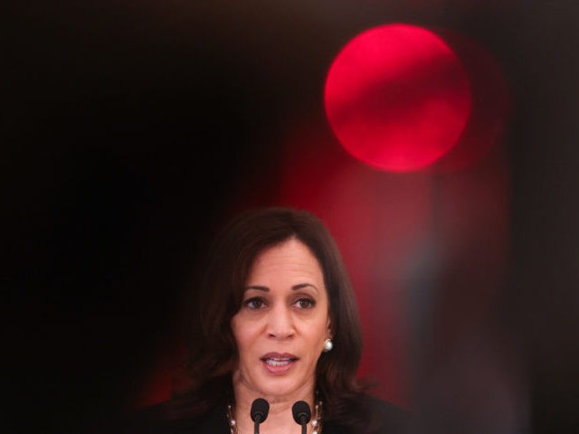 US Vice President Kamala Harris speaks during a joint news conference with Singapore's Prime Minister Lee Hsien Loong in Singapore on August 23, 2021. (Photo by Evelyn HOCKSTEIN / POOL / AFP) / The erroneous mention[s] appearing in the metadata of this photo by Evelyn HOCKSTEIN has been modified in …