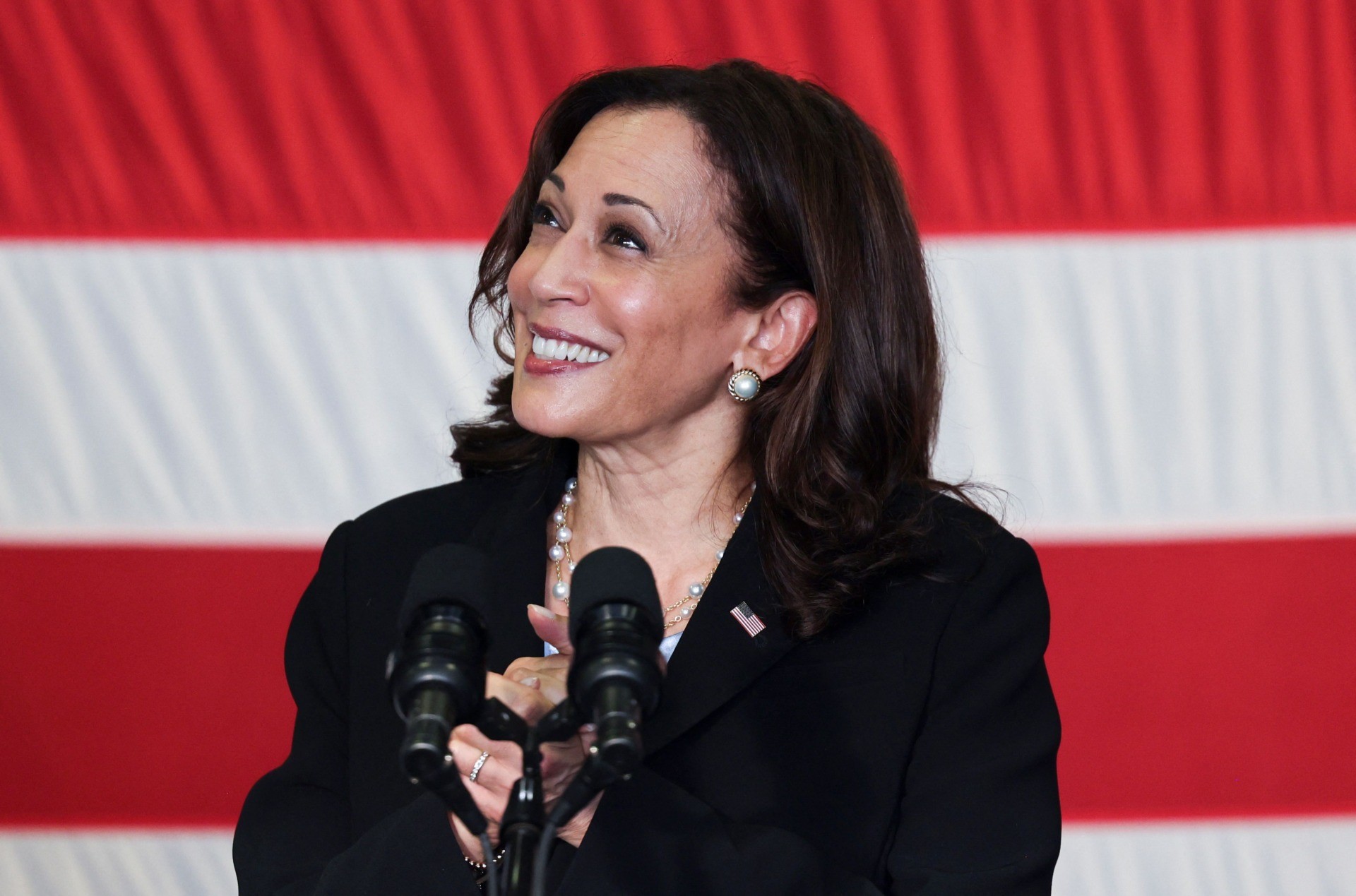 US Vice President Kamala Harris reacts as she speaks to troops during a visit to the USS Tulsa in Singapore on August 23, 2021. (Photo by EVELYN HOCKSTEIN / POOL / AFP) (Photo by EVELYN HOCKSTEIN/POOL/AFP via Getty Images)