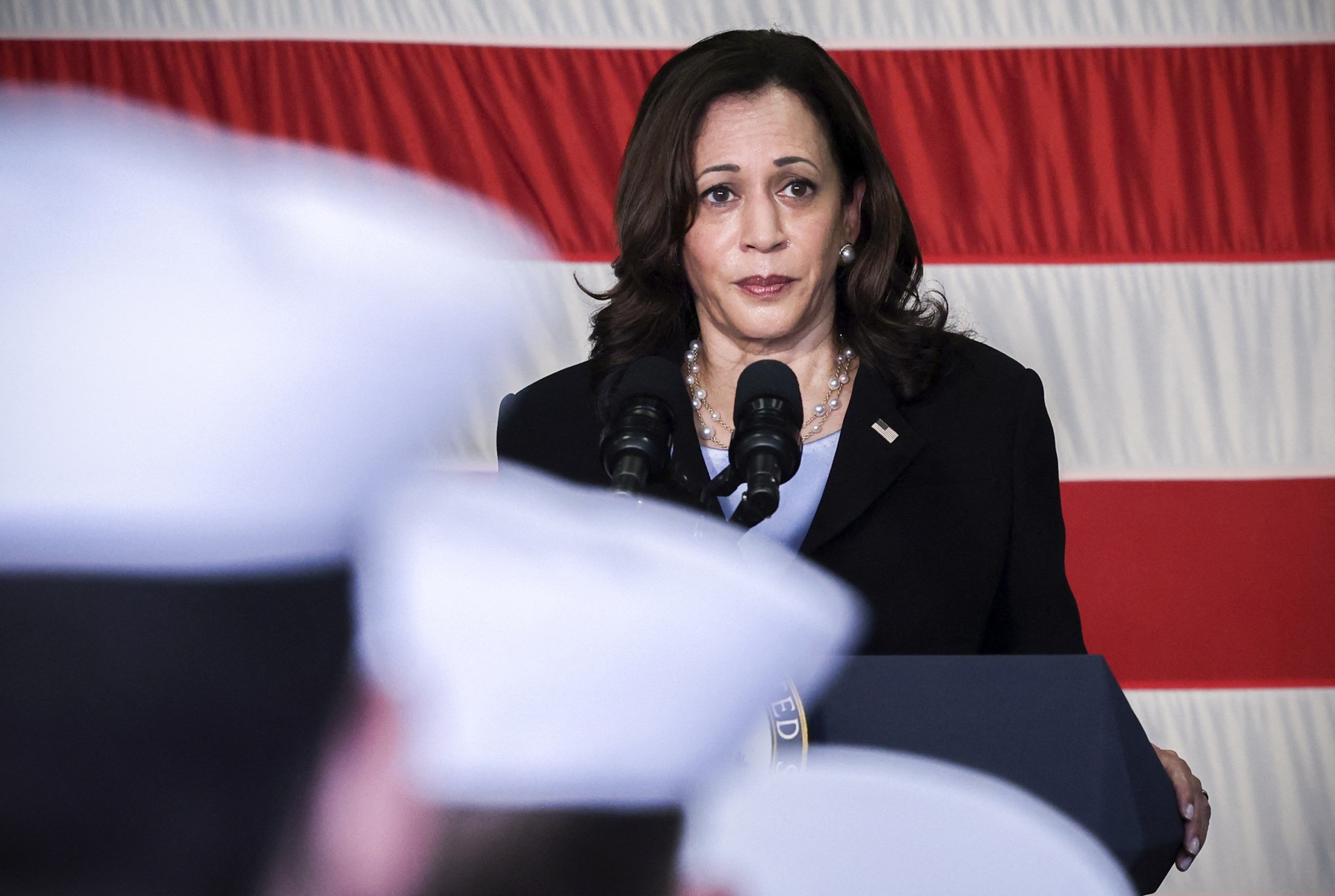 US Vice President Kamala Harris speaks to troops as she visits the USS Tulsa in Singapore on August 23, 2021. (Photo by EVELYN HOCKSTEIN / POOL / AFP) (Photo by EVELYN HOCKSTEIN/POOL/AFP via Getty Images)