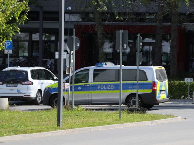 A police car stands at the Technical University Darmstadt in Darmstadt, on August 24, 2021