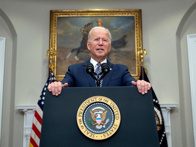 US President Joe Biden speaks about the ongoing evacuation of Afghanistan, on August 24, 2021, from the Roosevelt Room of the White House in Washington, DC. - Biden said Tuesday that the US-led airlift from Afghanistan has to finish soon because of the increasing threat from the Islamic State group's Afghan arm. The longer the US stays in the country, Biden said, there is an "acute and growing risk of an attack by a terrorist group known as ISIS-K," or Islamic State-Khorasan. (Photo by JIM WATSON / AFP) (Photo by JIM WATSON/AFP via Getty Images)