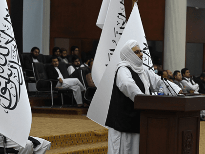 Talibans acting Higher Education Minister Abdul Baqi Haqqani speaks during a consultative meeting on Taliban's general higher education policies at the Loya Jirga Hall in Kabul on August 29, 2021. - Afghan women will be allowed to study at university but there would be a ban on mixed classes under …