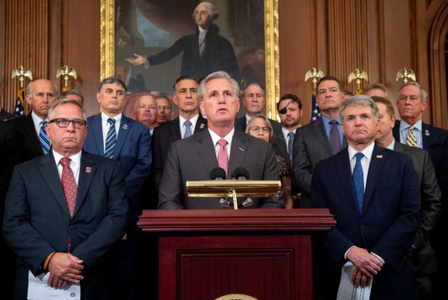 US House Minority Leader Kevin McCarthy, Republican of California, speaks alongside fellow Republicans about the US military withdrawal from Afghanistan, criticizing US President Joe Biden's actions, during a press conference at the US Capitol in Washington, DC, August 31, 2021. (Photo by SAUL LOEB / AFP) (Photo by SAUL LOEB/AFP …