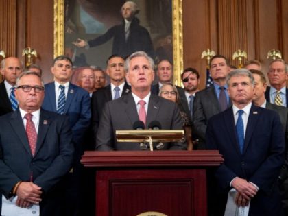 US House Minority Leader Kevin McCarthy, Republican of California, speaks alongside fellow Republicans about the US military withdrawal from Afghanistan, criticizing US President Joe Biden's actions, during a press conference at the US Capitol in Washington, DC, August 31, 2021. (Photo by SAUL LOEB / AFP) (Photo by SAUL LOEB/AFP …