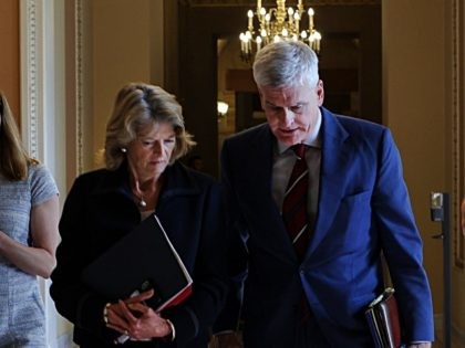 WASHINGTON, DC - JUNE 09: Sen. Lisa Murkowski (R-AK) (L) and Sen. Bill Cassidy (R-LA) (R) leave the office of Senate Minority Leader Mitch McConnell (R-KY) following a meeting on Capitol Hill on June 09, 2021 in Washington, DC. Since the talks on infrastructure legislation with the White House fell …