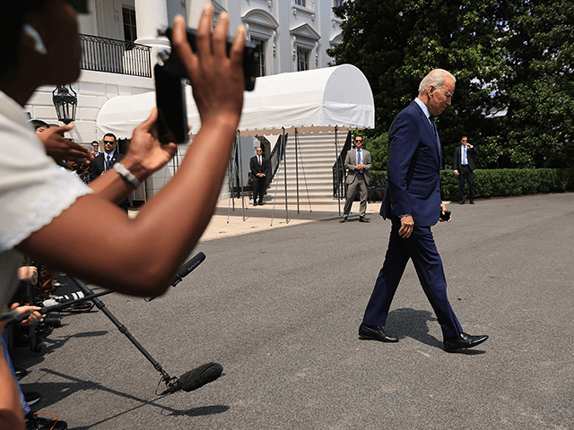 U.S. President Joe Biden heads to the helicopter after briefly talking to reporters while departing the White House on July 16, 2021 in Washington, DC. Biden is spending the weekend at Camp David. (Photo by Chip Somodevilla/Getty Images)