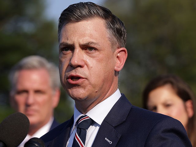 WASHINGTON, DC - JULY 27: U.S. Rep. Jim Banks (R-IN) (C) speaks as House Minority Leader Rep. Kevin McCarthy (R-CA) (L) listens during a news conference in front of the U.S. Capitol July 27, 2021 in Washington, DC. Leader McCarthy held a news conference to discuss the Jan 6th Committee. …