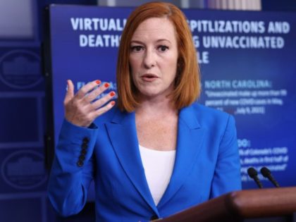 WASHINGTON, DC - JULY 27: White House Press Secretary Jen Psaki speaks at a daily press br