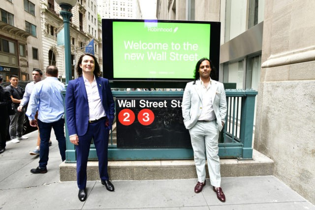NEW YORK, NEW YORK - JULY 29: : Baiju Bhatt and Vlad Tenev outside the Wall Street subway