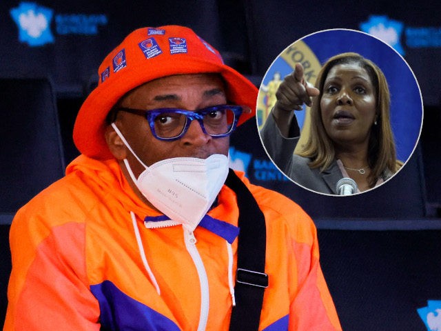 (INSET: Attorney General Letitia James) NEW YORK, NEW YORK - JULY 29: Spike Lee looks on d