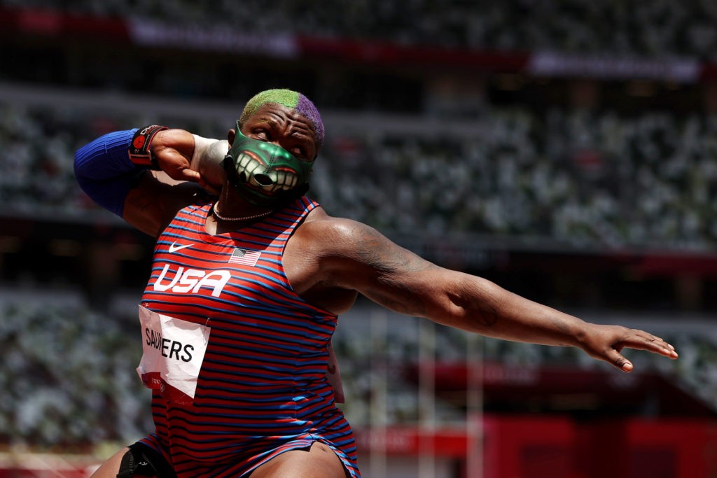 Raven Saunders of Team United States competes in the Women's Shot Put Final on day nine of the Tokyo 2020 Olympic Games at Olympic Stadium on August 01, 2021 in Tokyo, Japan. (Cameron Spencer/Getty Images)