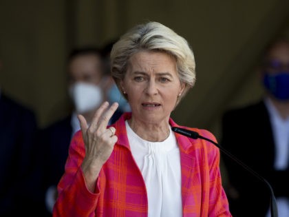 MADRID, SPAIN - AUGUST 21: President of the European Commission Ursula Von der Leyen speaks during a press conference after a tour around the temporary reception facilities for Afghan refugees in Torrejon Air Base on August 21, 2021 in Madrid, Spain. Torrejon Air Base is a hub for European citizens …