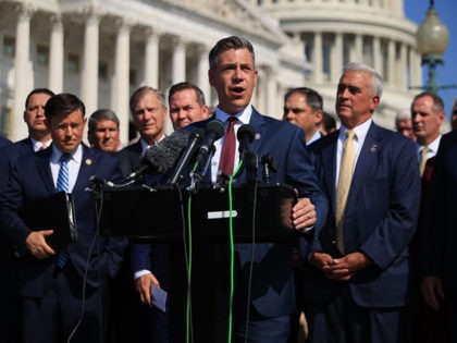 WASHINGTON, DC - AUGUST 24: Rep. Jim Banks (R-IN), a member of the U.S. Navy Reserve Supply Corps who served in Afghanistan, speaks during a news conference to criticize the Biden Administration's handling of the withdrawal from Afghanistan outside the U.S. Capitol on August 24, 2021 in Washington, DC. Republicans …