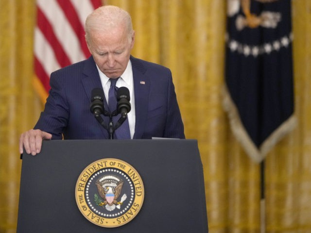 WASHINGTON, DC - AUGUST 26: U.S. President Joe Biden speaks about the situation in Kabul, Afghanistan from the East Room of the White House on August 26, 2021 in Washington, DC. At least 12 American service members were killed on Thursday by suicide bomb attacks near the Hamid Karzai International …