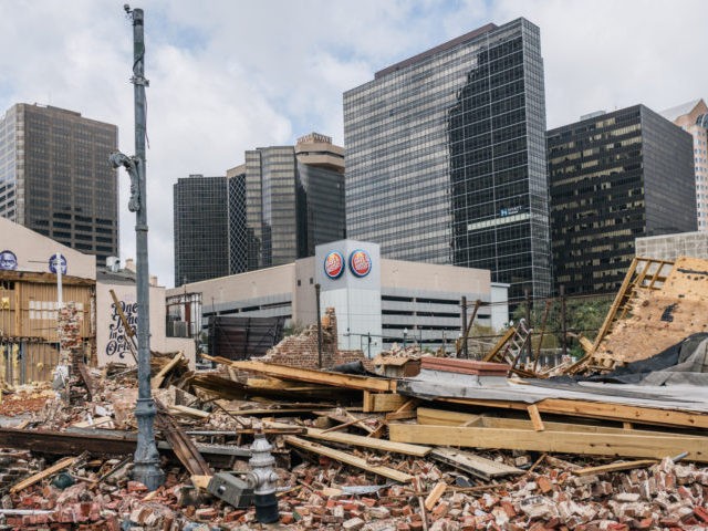 NEW ORLEANS, LOUISIANA - AUGUST 30: A building was destroyed after Hurricane Ida passed through on August 30, 2021 in New Orleans, Louisiana. Ida made landfall as a Category 4 hurricane yesterday in Louisiana and brought flooding and wind damage along the Gulf Coast (Photo by Brandon Bell/Getty Images)