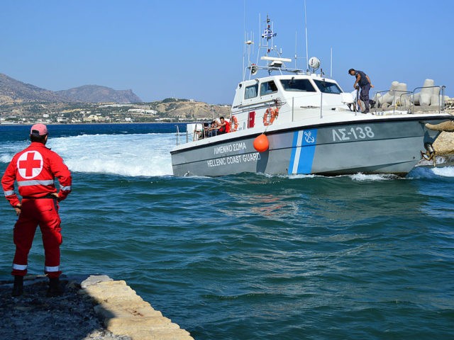 A Greek coastguard boat with migrants on board arrives at the port of Ierapetra on the Gre