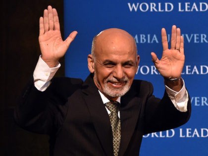 Afghanistan's President Ashraf Ghani gestures as he arrives to speak at Columbia University in New York on March 26, 2015. Ghani, on his first trip to the United States since he was elected president, spoke at Columbias World Leaders Forum on "The New Beginning in Afghanistan." AFP PHOTO / TIMOTHY …