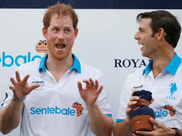 Britain's Prince Harry (L) and Royal Salute ambassador Malcolm Borwick (R) laugh following the Sentebale Royal Salute Polo Cup 2016 at the Valiente Polo Farm in Wellington, Florida on May 4, 2016. / AFP / RHONA WISE (Photo credit should read RHONA WISE/AFP via Getty Images)