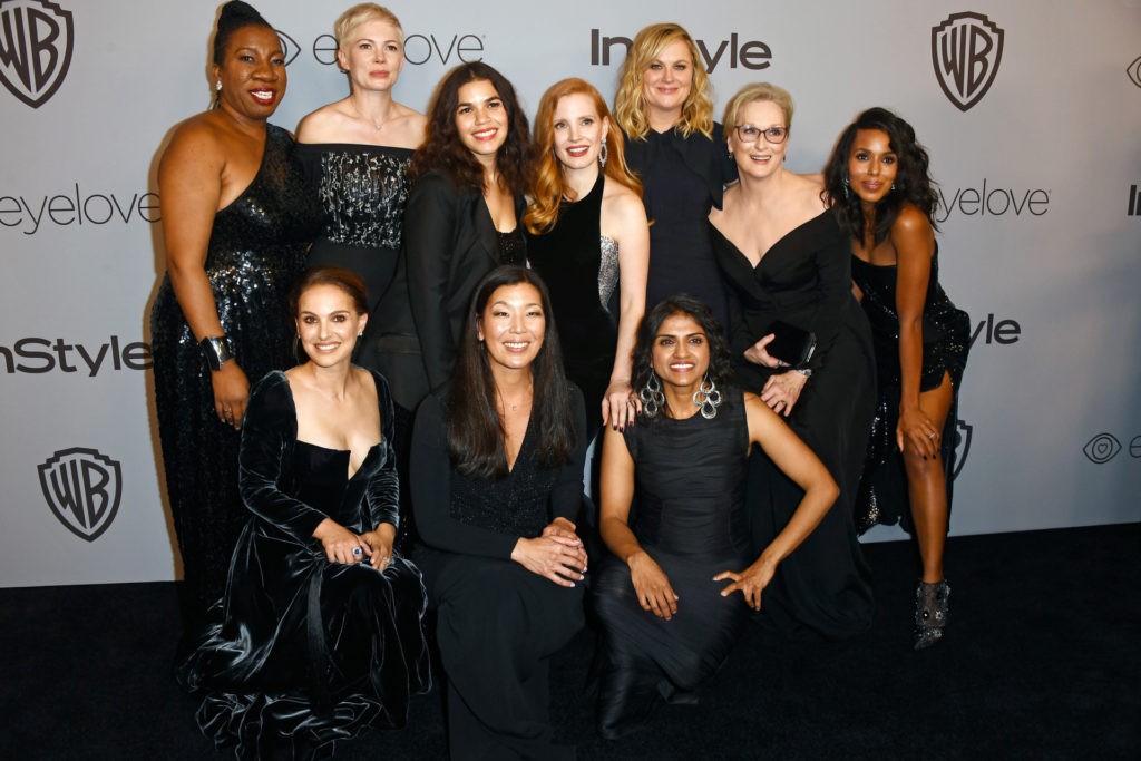 BEVERLY HILLS, CA - JANUARY 07: (Back L-R) Activist Tarana Burke, actor Michelle Williams, actor America Ferrera, actor Jessica Chastain, actor Amy Poehler, actor Meryl Streep, actor Kerry Washington (front, L-R) actor Natalie Portman, activist Ai-jen Poo, and activist Saru Jayaraman attend the 19th Annual Post-Golden Globes Party hosted by Warner Bros. Pictures and InStyle at The Beverly Hilton Hotel on January 7, 2018 in Beverly Hills, California. (Photo by Frazer Harrison/Getty Images)