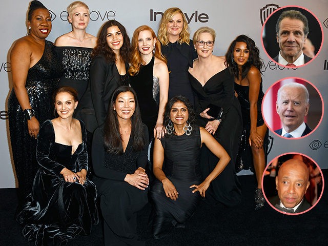 BEVERLY HILLS, CA - JANUARY 07: (Back L-R) Activist Tarana Burke, actor Michelle Williams, actor America Ferrera, actor Jessica Chastain, actor Amy Poehler, actor Meryl Streep, actor Kerry Washington (front, L-R) actor Natalie Portman, activist Ai-jen Poo, and activist Saru Jayaraman attend the 19th Annual Post-Golden Globes Party hosted by …