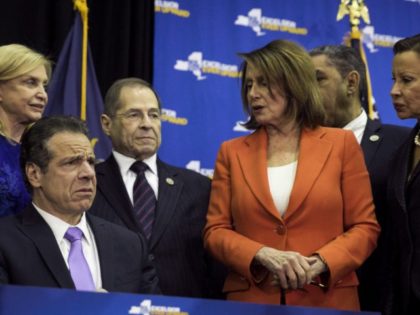 NEW YORK, NY - MAY 1: (L to R) U.S. Rep. Carolyn Maloney (D-NY), New York Governor Andrew Cuomo, U.S. Rep. Jerrold Nadler (D-NY), House Minority Leader Nancy Pelosi (D-CA) and U.S. Rep. Nydia Velazquez (D-NY) look on after Cuomo signed a gun safety bill at John Jay College, May …