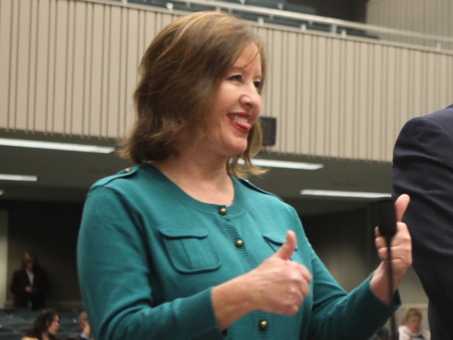 State Sen. Gloria Romero, D-Los Angeles, gives a thumbs up after her education reform bill