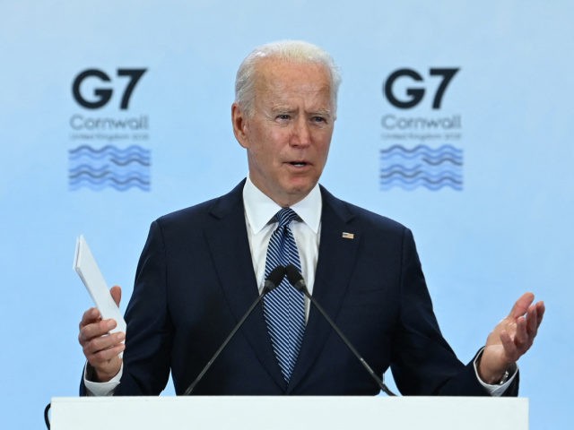 US President Joe Biden takes part in a press conference on the final day of the G7 summit