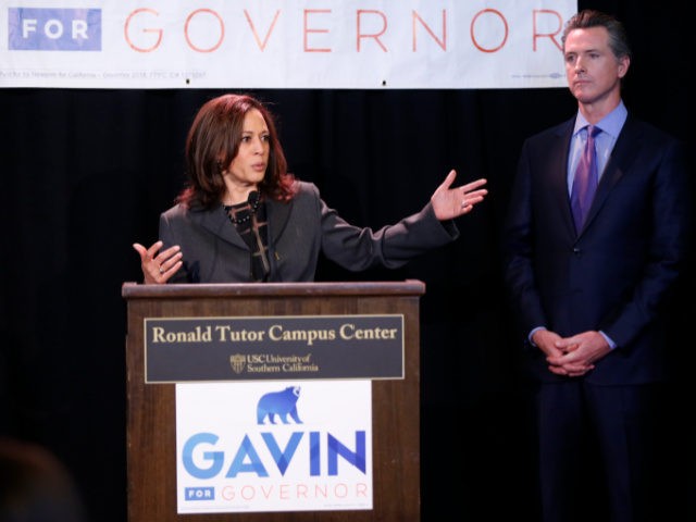 Sen. Kamala Harris, left, endorses California Lt. Gov. Gavin Newsom, right, for the 2018 C