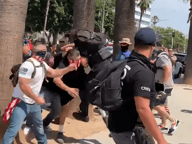 Twitter and anti-vaccine-mandate protester's brawl in downtown Los Angeles on August 14. (Twitter Video Screenshot/Sean Carmitchel)