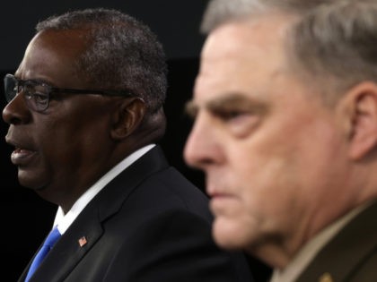 ARLINGTON, VIRGINIA - JULY 21: U.S. Secretary of Defense Lloyd Austin (L) and Chairman of Joint Chiefs of Staff Gen. Mark Milley (R) participate in a news briefing at the Pentagon July 21, 2021 in Arlington, Virginia. Secretary Austin and Gen. Milley held a news briefing to discuss various topics …