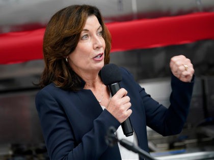 Lt. Gov. of New York Kathy Hochul speaks at a ribbon cutting ceremony in the Bronx borough of New York, Tuesday, May 4, 2021. Hochul was helping to celebrate the new headquarters of Great Performances, a catering and events company, which just moved into a larger and more sophisticated space …