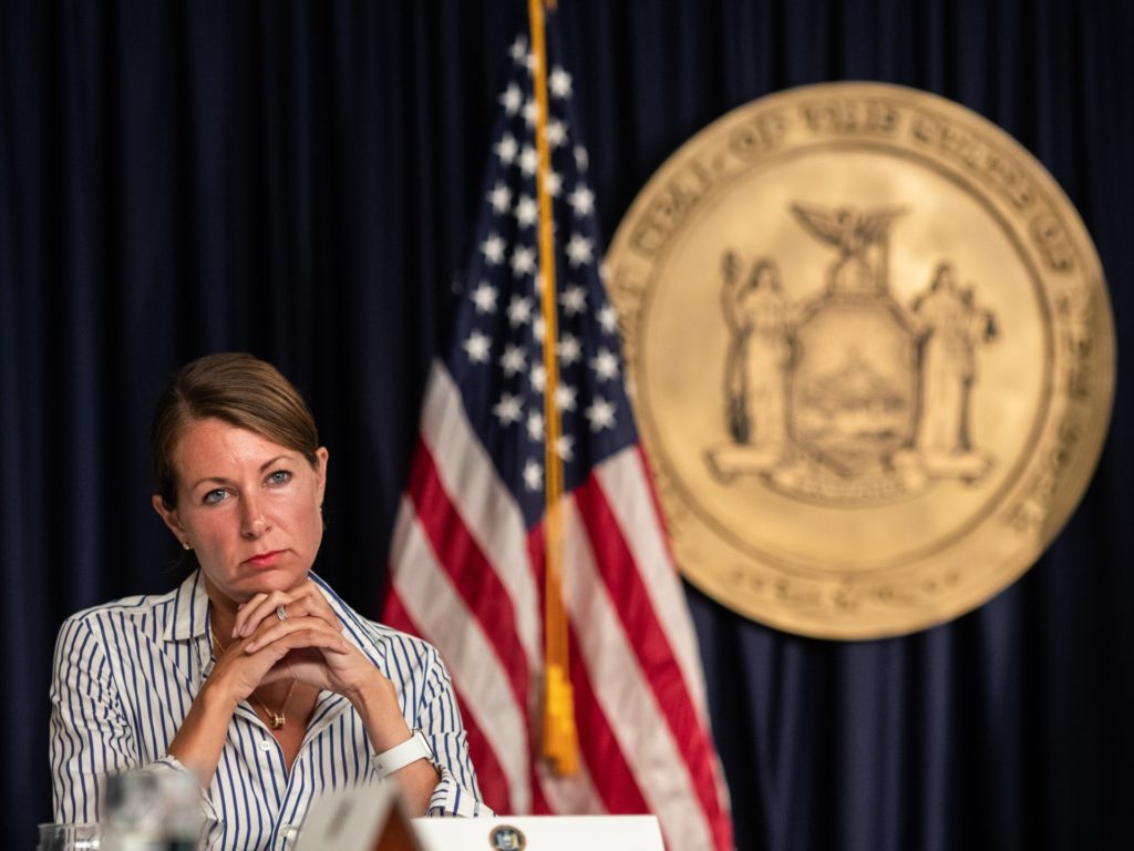 NEW YORK, NY - JULY 23: Secretary to Governor Melissa DeRosa attends during the daily media briefing at the Office of the Governor of the State of New York on July 23, 2020 in New York City. The Governor said the state liquor authority has suspended 27 bar and restaurant alcohol licenses for violations of social distancing rules as public officials try to keep the coronavirus outbreak under control. (Photo by Jeenah Moon/Getty Images)