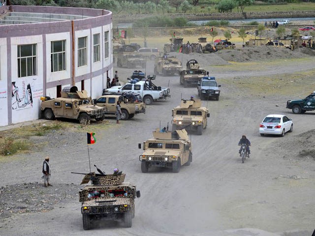 Afghan security forces on Humvee vehicles move in a convoy at Parakh area in Bazarak, Panjshir province on August 20, 2021, after the Taliban stunning takeover of Afghanistan. (Photo by AHMAD SAHEL ARMAN / AFP) (Photo by AHMAD SAHEL ARMAN/AFP via Getty Images)