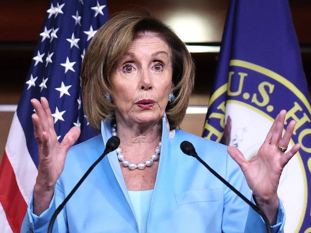 WASHINGTON, DC - AUGUST 06: House Speaker Nancy Pelosi (D-CA) gestures as she speaks at her weekly news conference at the Capitol building on August 06, 2021 in Washington, DC. Speaker Pelosi discussed numerous topics including the newly released July jobs report and the Covid-19 vaccination rate in the United …