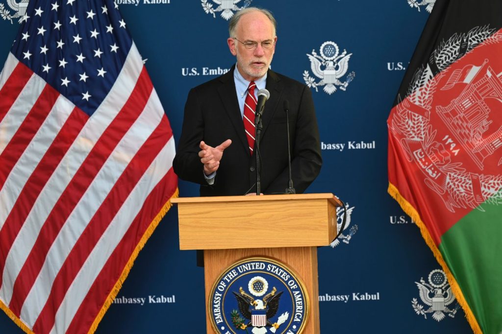 US charge D'affairs Ross Wilson addresses a press conference at US embassy in Kabul on July 30, 2021. (Photo by SAJJAD HUSSAIN / AFP) (Photo by SAJJAD HUSSAIN/AFP via Getty Images)