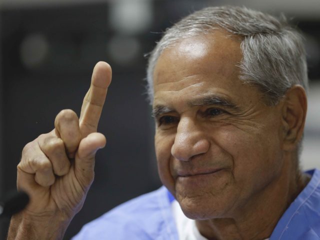 Sirhan Sirhan gestures during a parole hearing Wednesday, Feb. 10, 2016, at the Richard J. Donovan Correctional Facility in San Diego. For the 15th time, officials denied parole for Sirhan Sirhan, the assassin of Sen. Robert F. Kennedy, after hearing Wednesday from another person who was shot that night and …