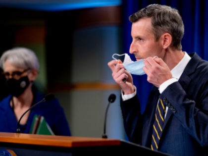 State Department spokesman Ned Price, right, accompanied by Deputy Secretary of State Wend