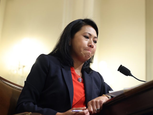 WASHINGTON, DC - JULY 27: Rep. Stephanie Murphy (D-FL) gets emotional as she speaks during the House Select Committee hearing investigating the January 6 attack on US Capitol on July 27, 2021 at the U.S. Capitol in Washington, DC. During its first hearing the committee, currently made up of seven …