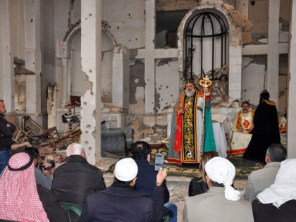 Syriac Orthodox Patriarch of Antioch, Ignatius Aphrem II, gives a sermon during mass at th